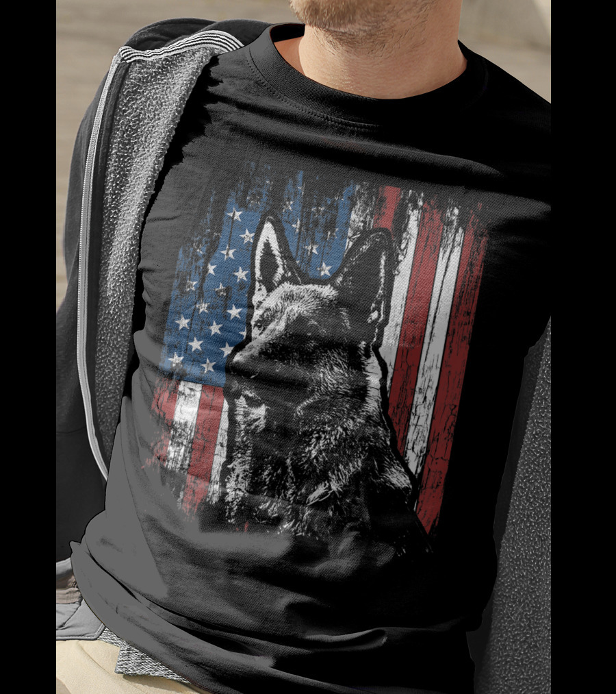 Patriotic German Shepherd With American Flag Background T-Shirt