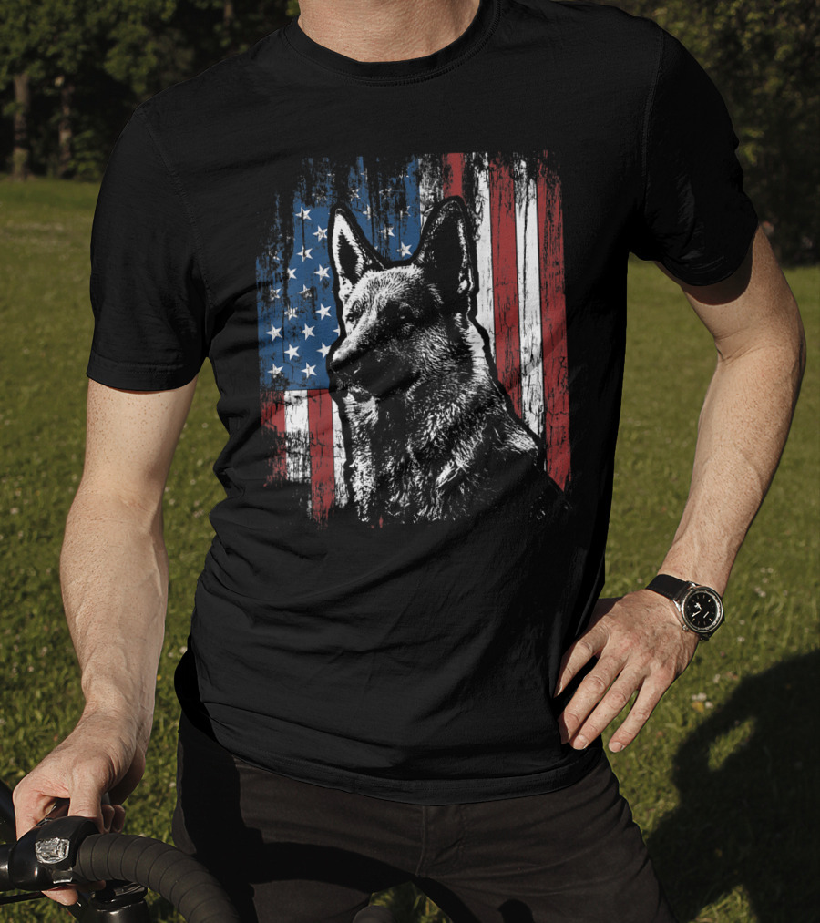 Patriotic German Shepherd With American Flag Background T-Shirt
