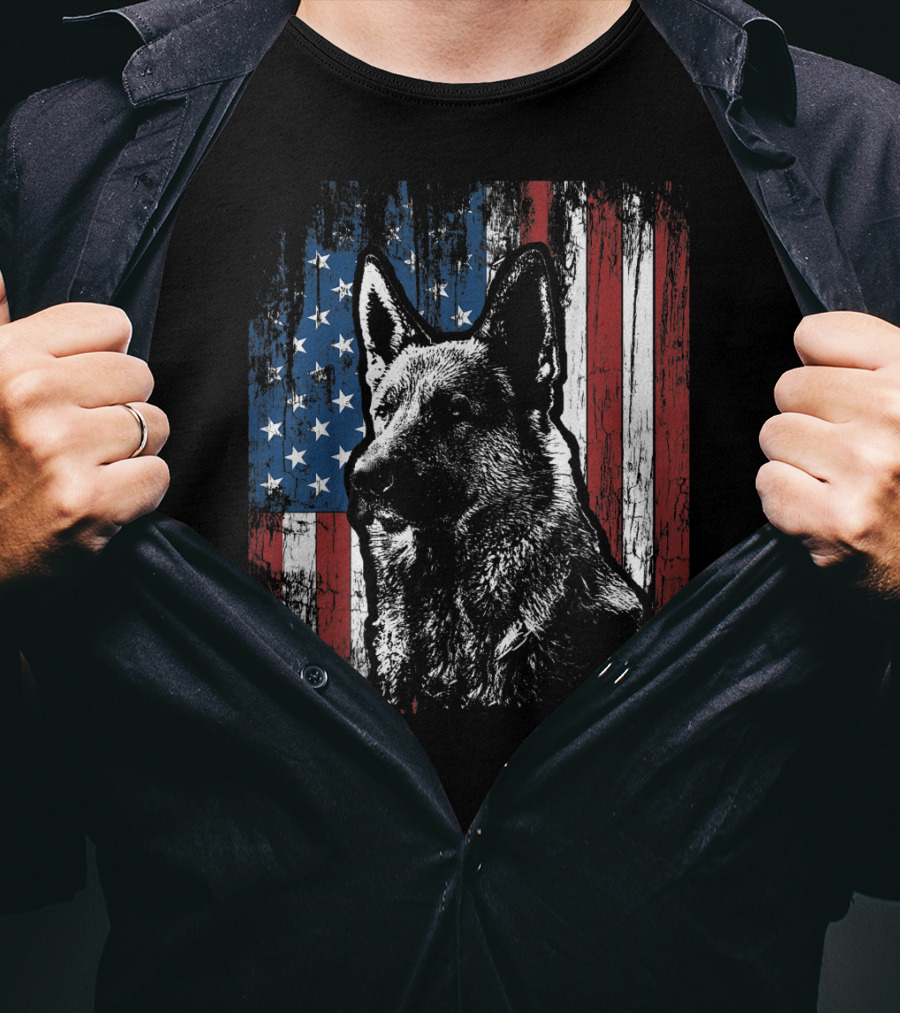 Patriotic German Shepherd With American Flag Background T-Shirt