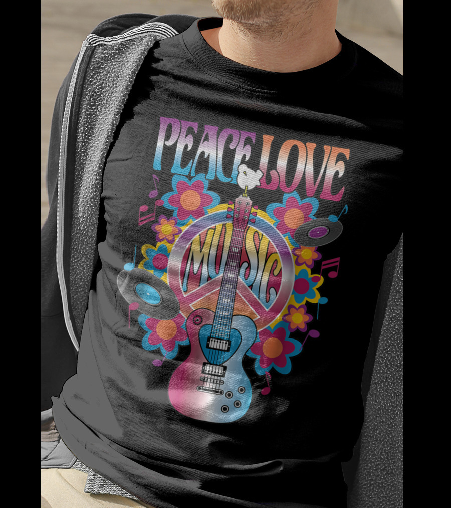 PEACE LOVE MUSIC Guitar Dove Vinyl Records Flower Symbols T-Shirt