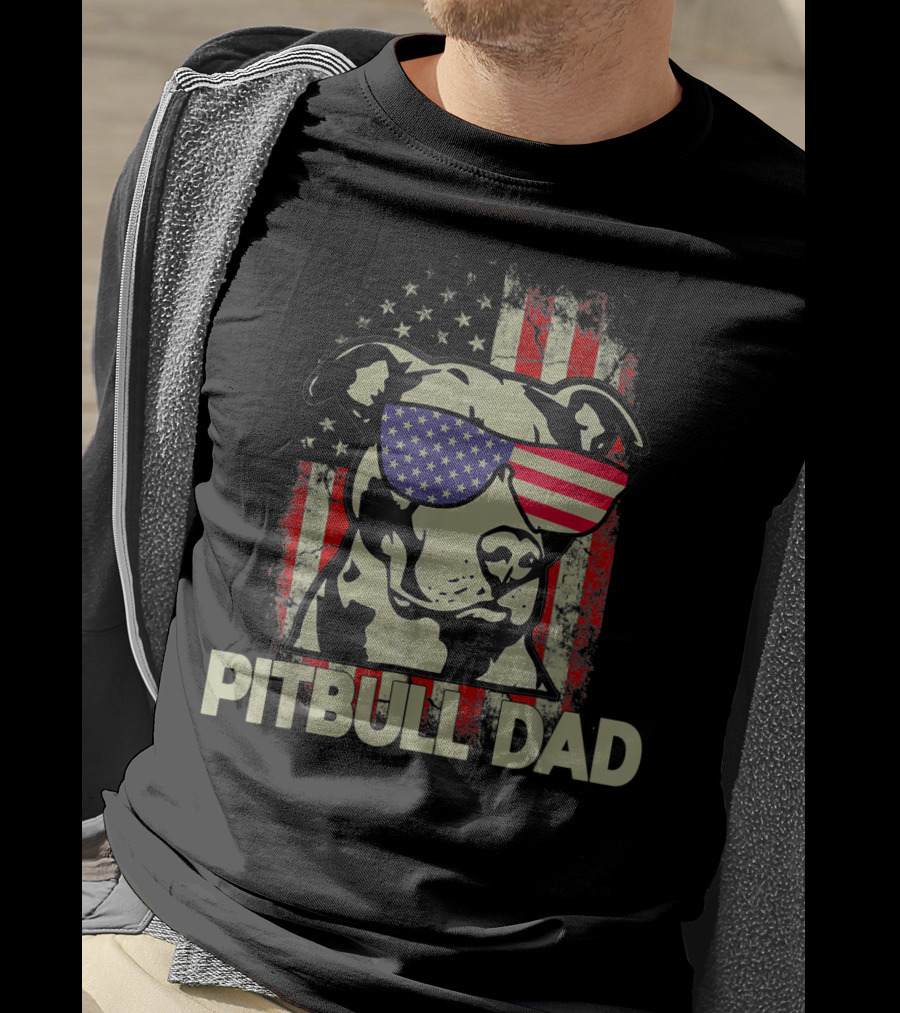Pitbull Dad USA Flag Sunglasses American Fourth Of July T-Shirt