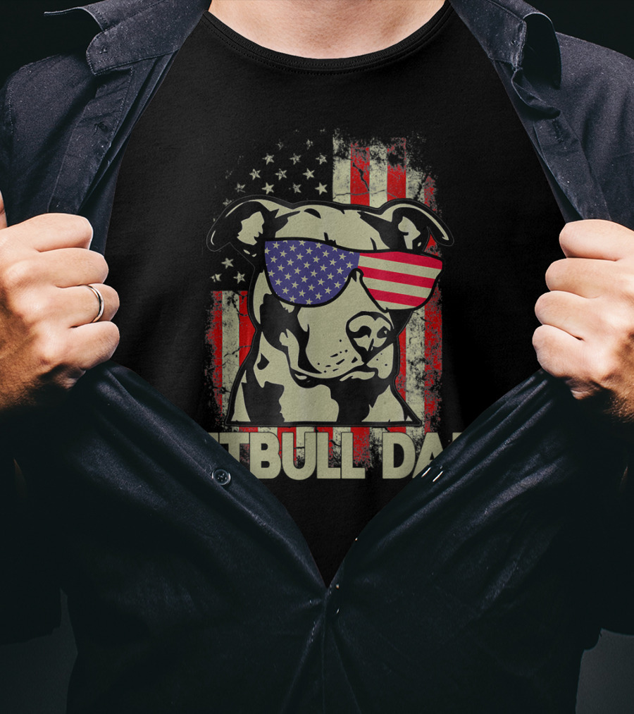 Pitbull Dad USA Flag Sunglasses American Fourth Of July T-Shirt