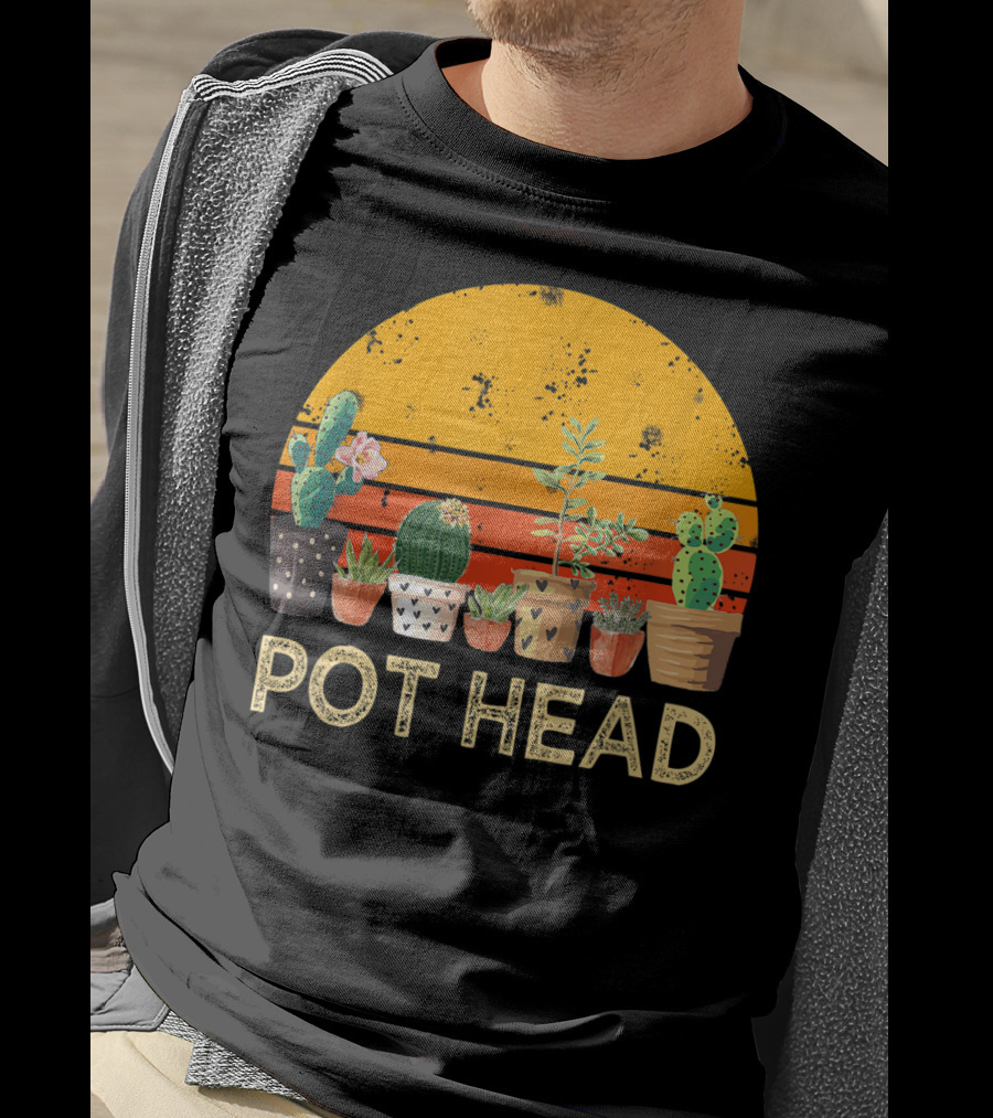 Pot Head Stone Flowers Cactus Vintage Sunset T-Shirt