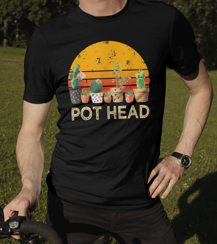 Pot Head Stone Flowers Cactus Vintage Sunset T-Shirt
