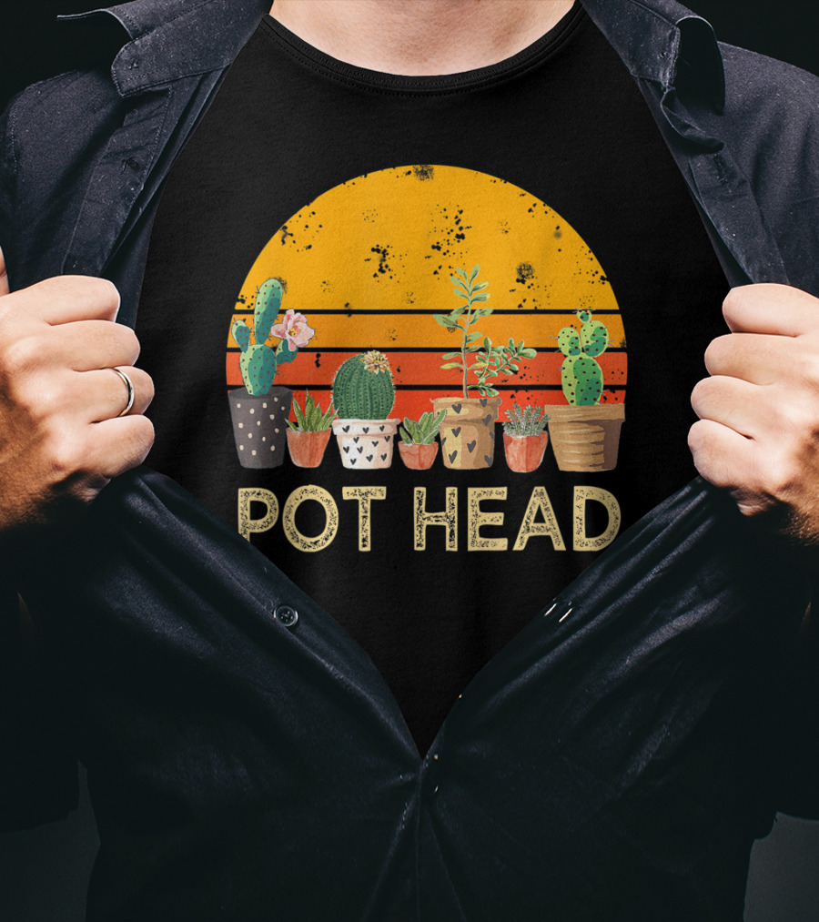 Pot Head Stone Flowers Cactus Vintage Sunset T-Shirt