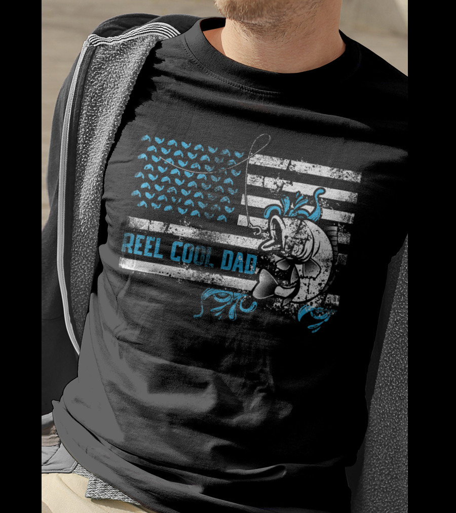 Reel Cool Dad Father's Day Fishing Funny Fisherman With American Flag And Cartoon Fish T-Shirt