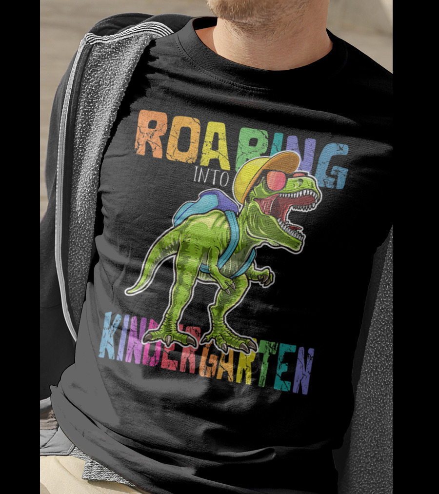 Roaring Into Kindergarten Dinosaur Rex With Backpack And Sunglasses T-Shirt