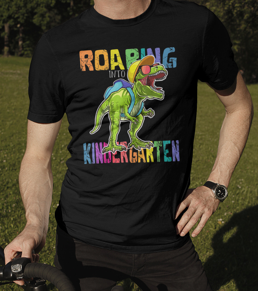 Roaring Into Kindergarten Dinosaur Rex With Backpack And Sunglasses T-Shirt
