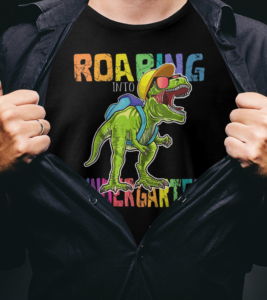 Roaring Into Kindergarten Dinosaur Rex With Backpack And Sunglasses T-Shirt