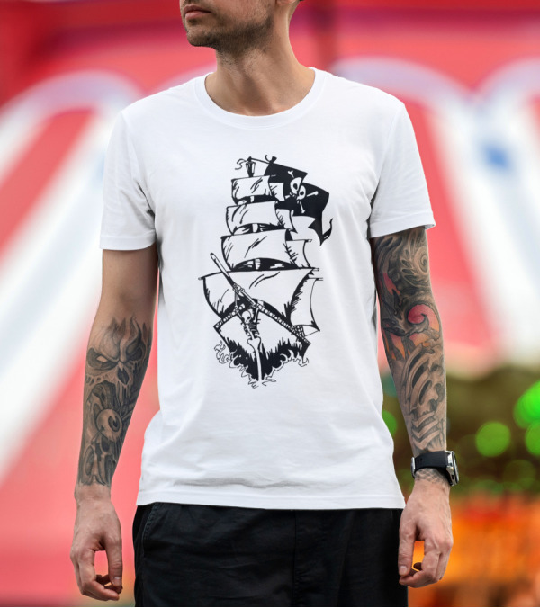 Premium T-Shirt: Pirate Ship with Jolly Roger Flag and Skeleton Captain T-Shirt Pirate Ship with Jolly Roger Flag and Skeleton Captain T-Shirt