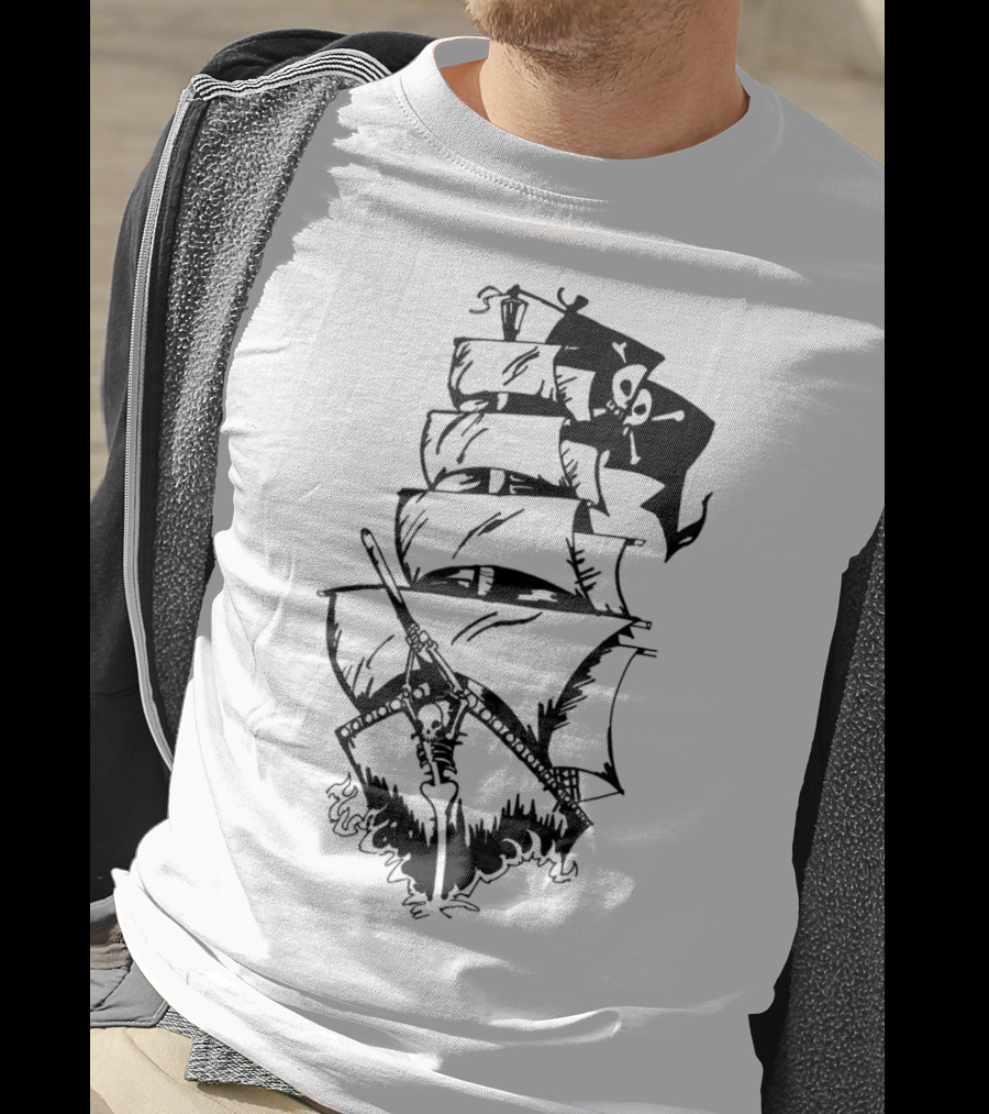 Pirate Ship With Jolly Roger Flag And Skeleton Captain T-Shirt