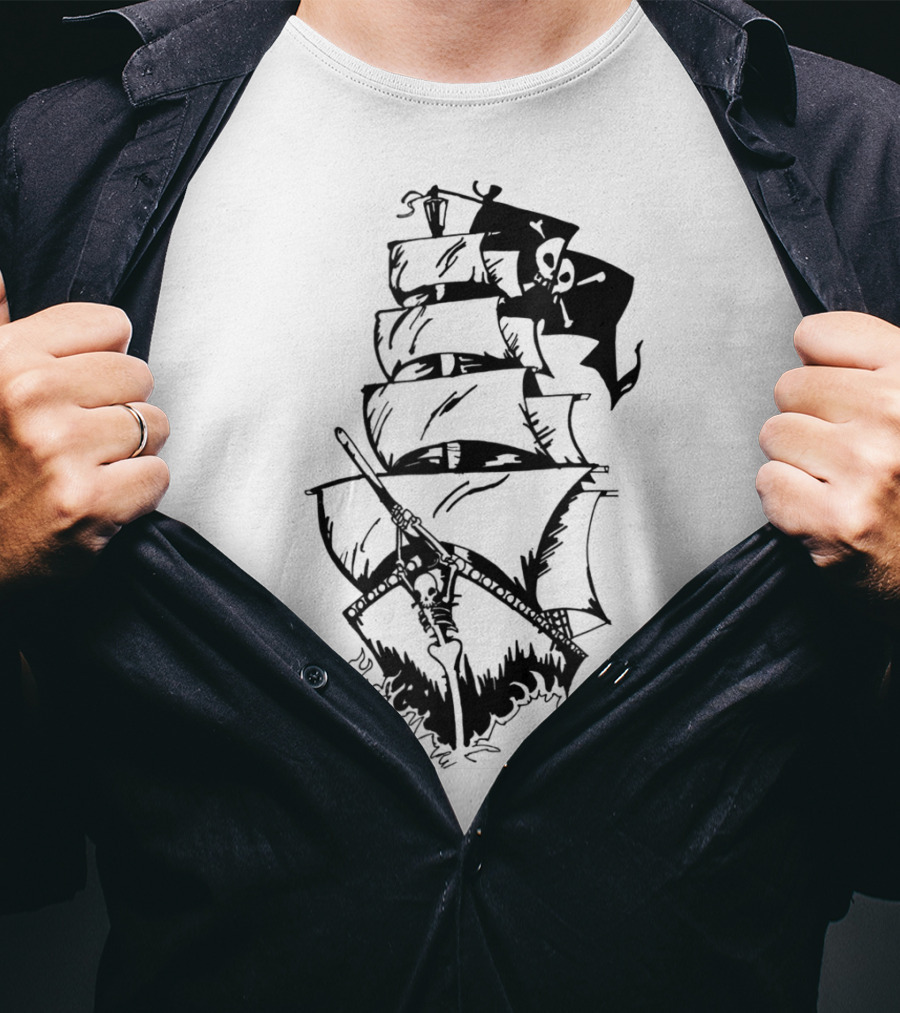 Pirate Ship With Jolly Roger Flag And Skeleton Captain T-Shirt