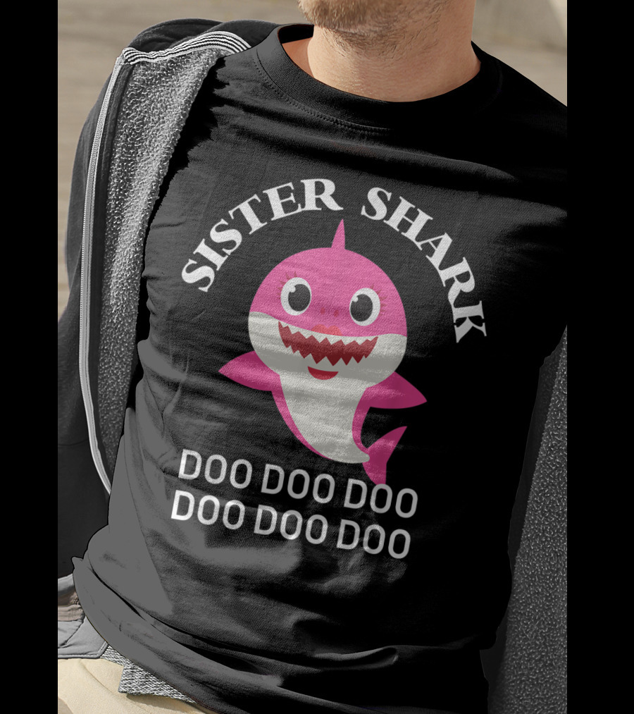 Sister Shark Doo Doo Doo Doo Doo Doo Pink Cartoon Family Shark T-Shirt