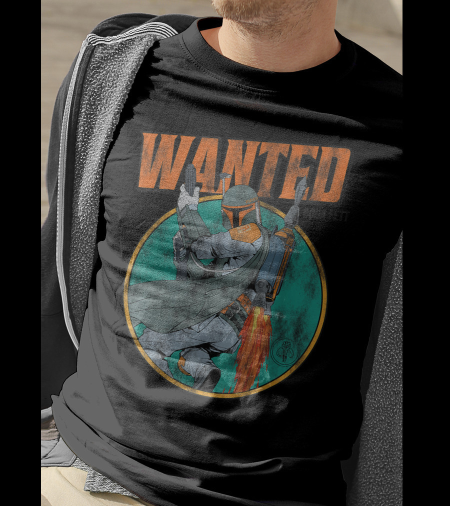 Wanted Boba Fett Star Wars Distressed Mandalorian Jetpack T-Shirt