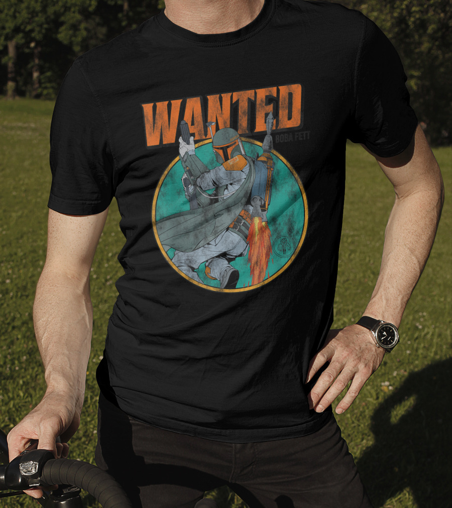 Wanted Boba Fett Star Wars Distressed Mandalorian Jetpack T-Shirt