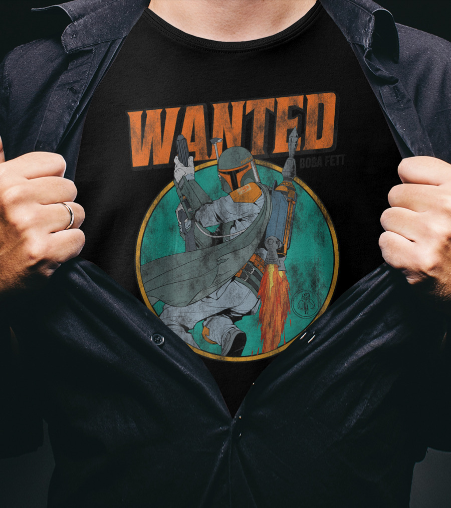 Wanted Boba Fett Star Wars Distressed Mandalorian Jetpack T-Shirt