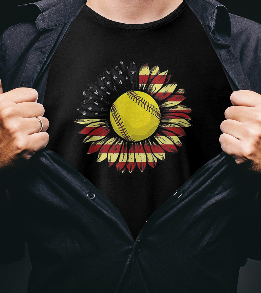 Sunflower Softball American Flag Baseball Stitching Sunflower Petals USA Colors T-Shirt