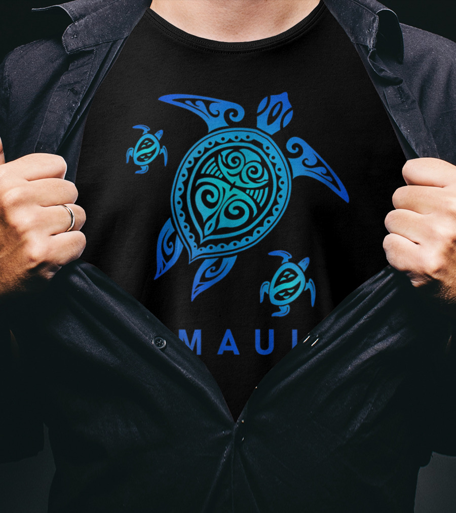 Maui Hawaii Blue Tribal Turtle T-Shirt