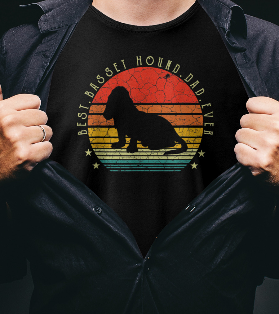 Best Basset Hound Dad Ever Dog Lover Mens Retro Sunset T-Shirt