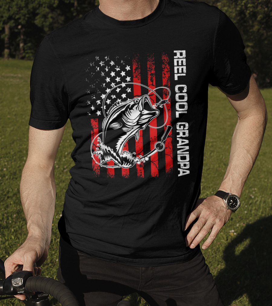 Reel Cool Grandpa American Flag Fishing Bass T-Shirt