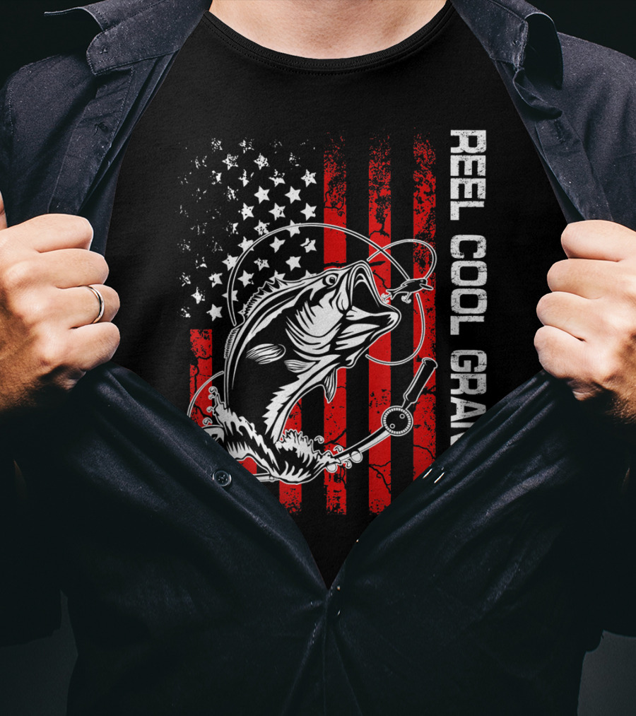 Reel Cool Grandpa American Flag Fishing Bass T-Shirt