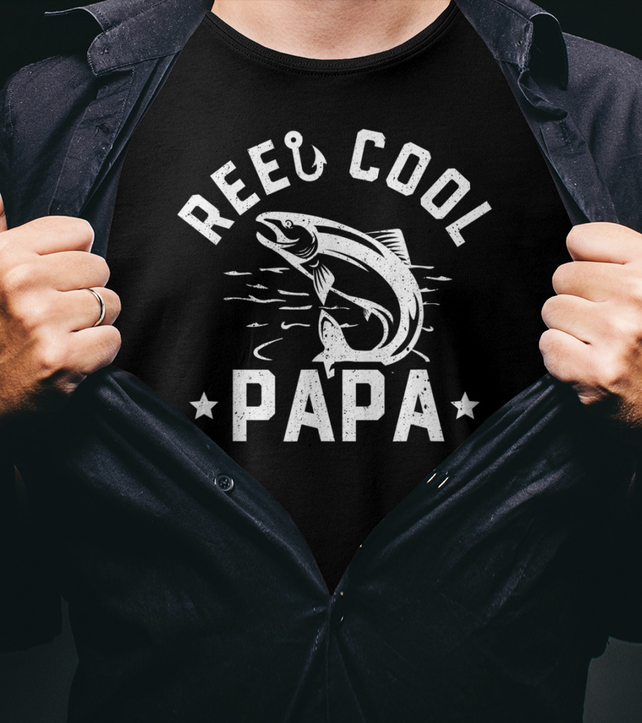 Mens Reel Cool Papa Fishing Fathers Funny Fish Hook T-Shirt