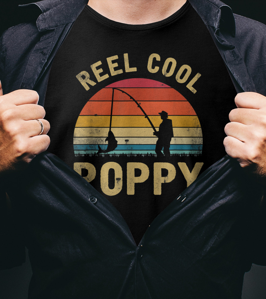 Reel Cool Poppy Vintage Fishing Silhouette Retro Sunset T-Shirt