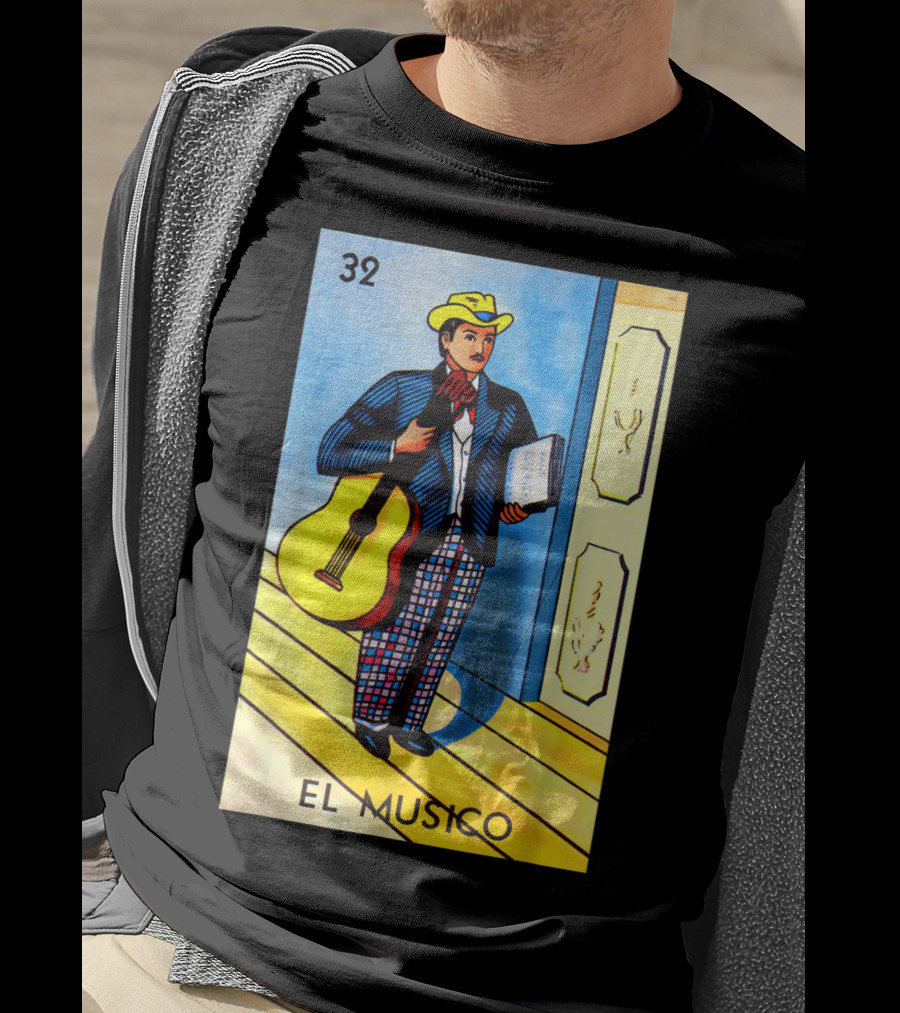 32 El Musico Mexican Loteria Card With Guitar And Sheet Music T-Shirt
