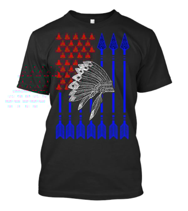Native American Day Headdress Red Teepees Blue Arrows Flag T-Shirt