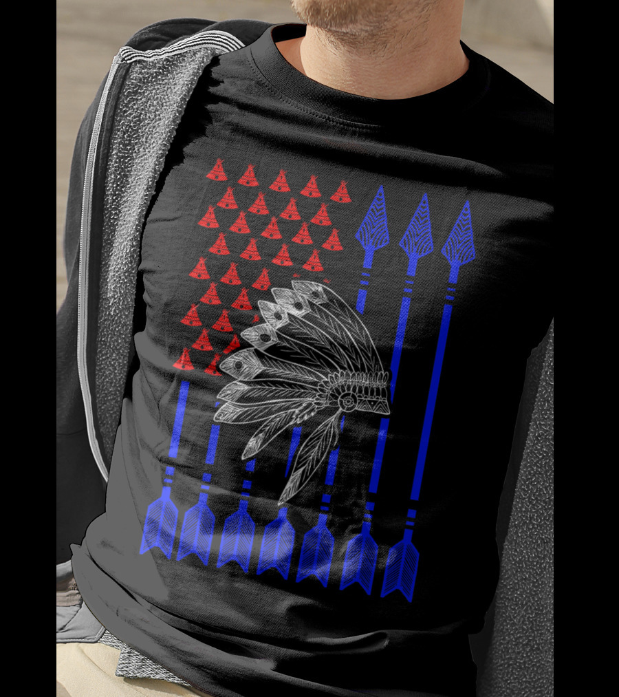 Native American Day Headdress Red Teepees Blue Arrows Flag T-Shirt