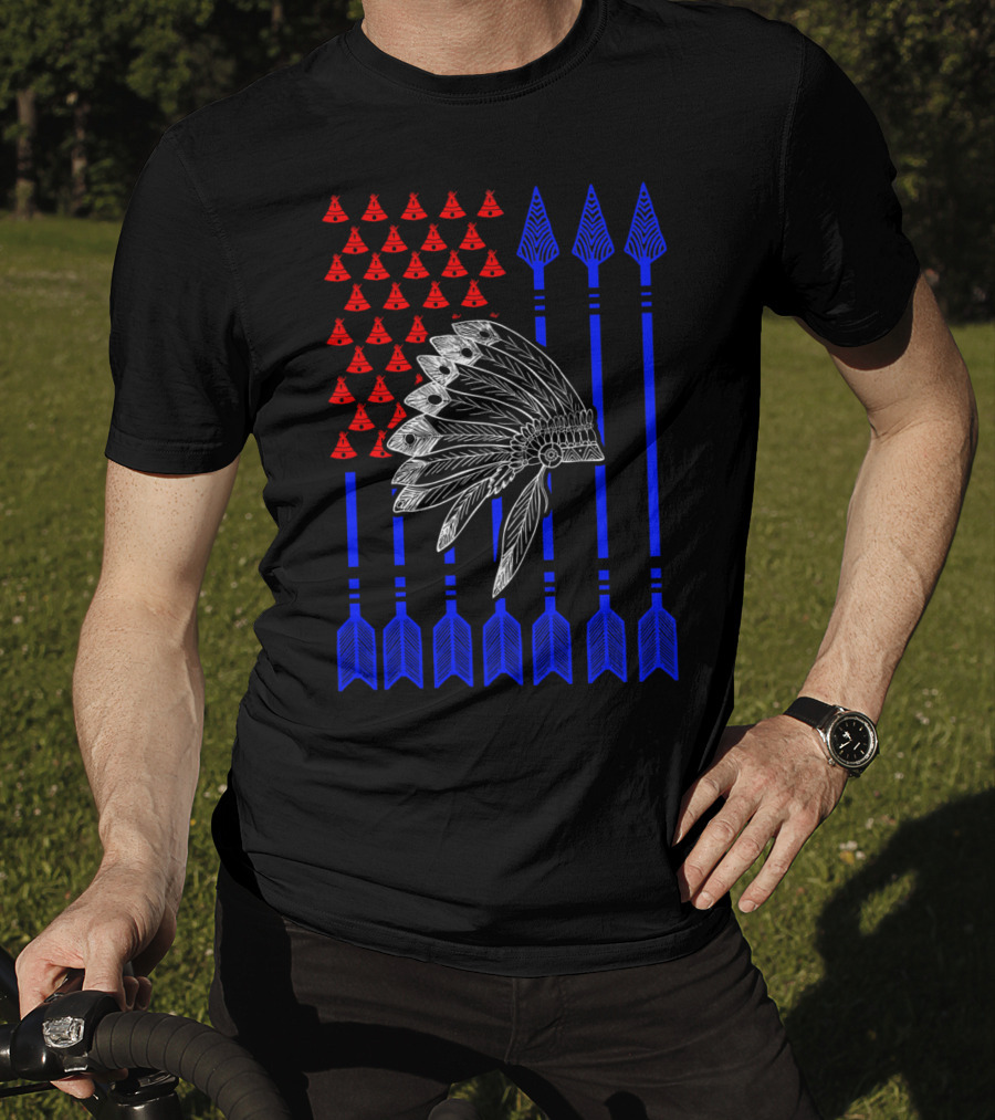 Native American Day Headdress Red Teepees Blue Arrows Flag T-Shirt