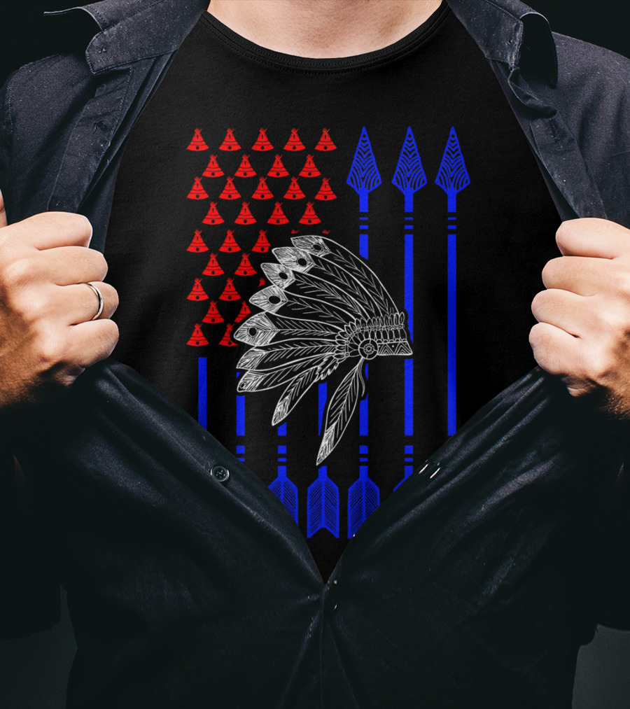 Native American Day Headdress Red Teepees Blue Arrows Flag T-Shirt