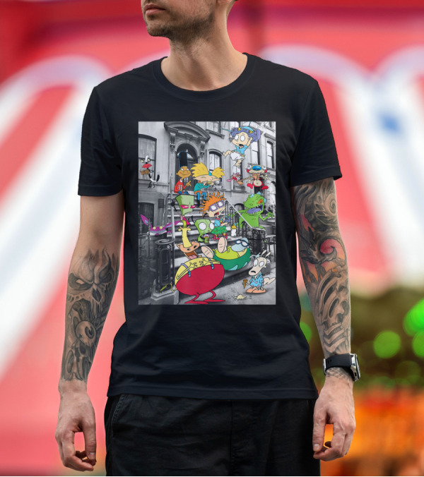 Premium T-Shirt: Nickelodeon Classic Nicktoons Stoop Scene Rugrats Hey Arnold Ren and Stimpy Rocko's Modern Life T-Shirt Nickelodeon Classic Nicktoons Stoop Scene Rugrats Hey Arnold Ren and Stimpy Rocko's Modern Life T-Shirt