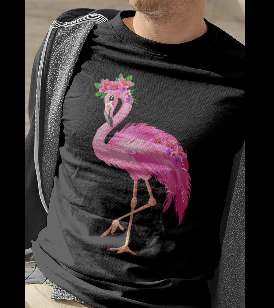 Pink Flamingo With Watercolor Hawaiian Flower Crown And Feathers T-Shirt