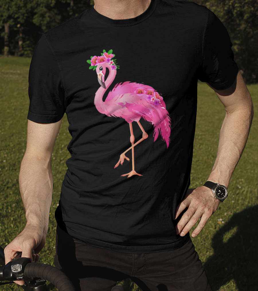 Pink Flamingo With Watercolor Hawaiian Flower Crown And Feathers T-Shirt
