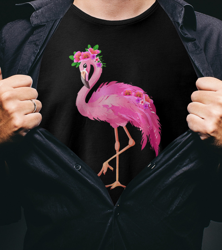 Pink Flamingo With Watercolor Hawaiian Flower Crown And Feathers T-Shirt