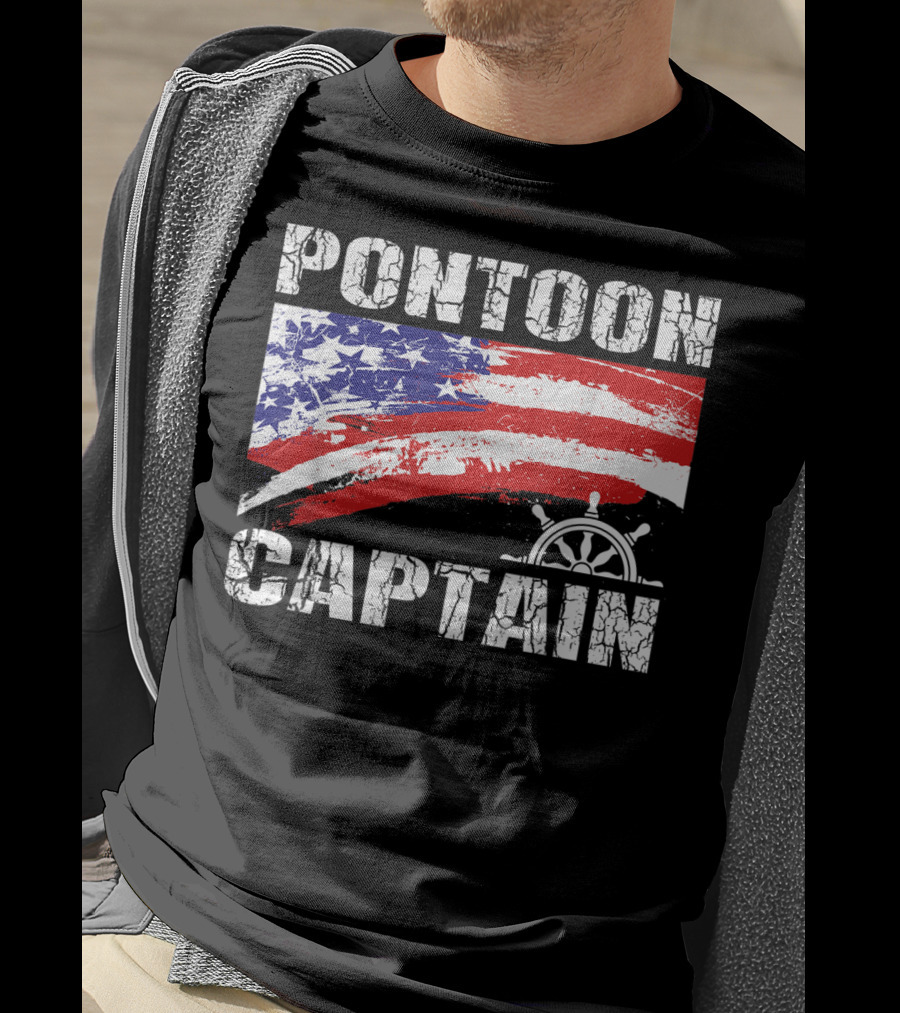 Pontoon Captain American Flag Steering Wheel Dad Boating T-Shirt