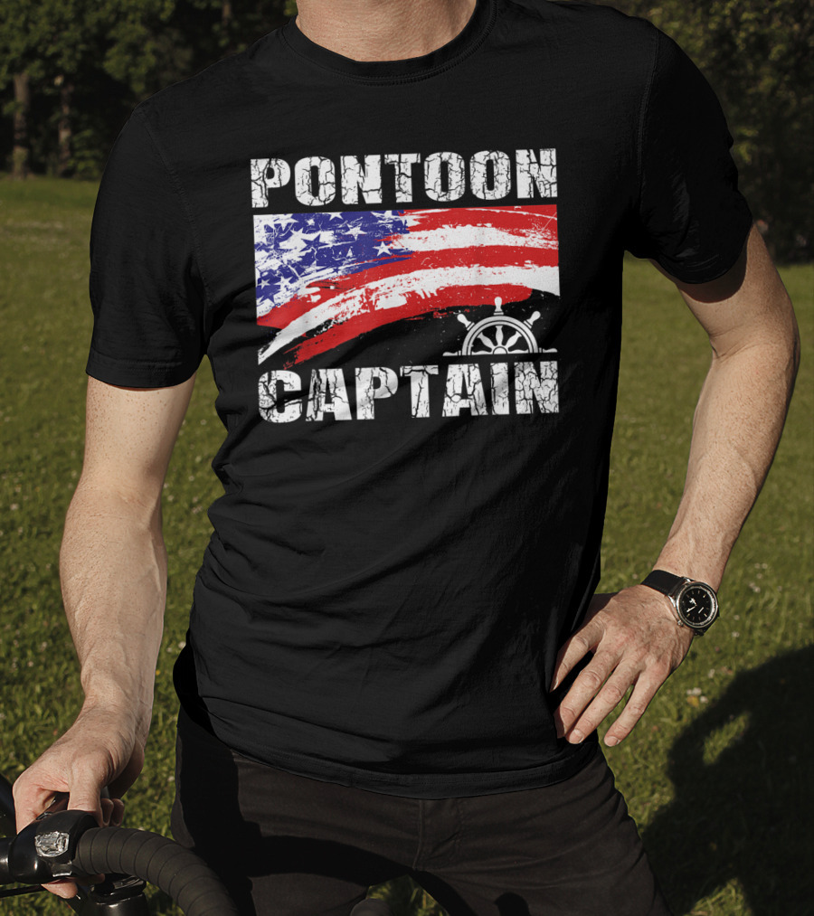 Pontoon Captain American Flag Steering Wheel Dad Boating T-Shirt