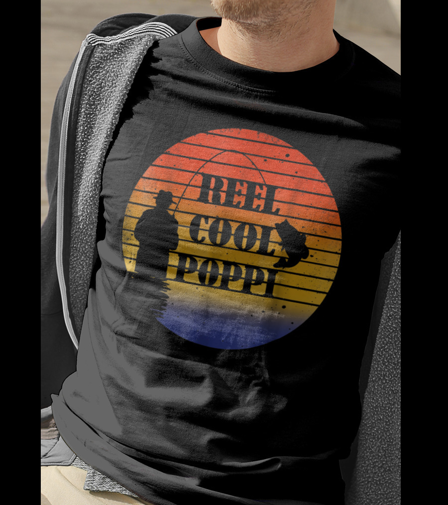 Reel Cool Poppi Silhouette Fishing Vintage Sunset T-Shirt