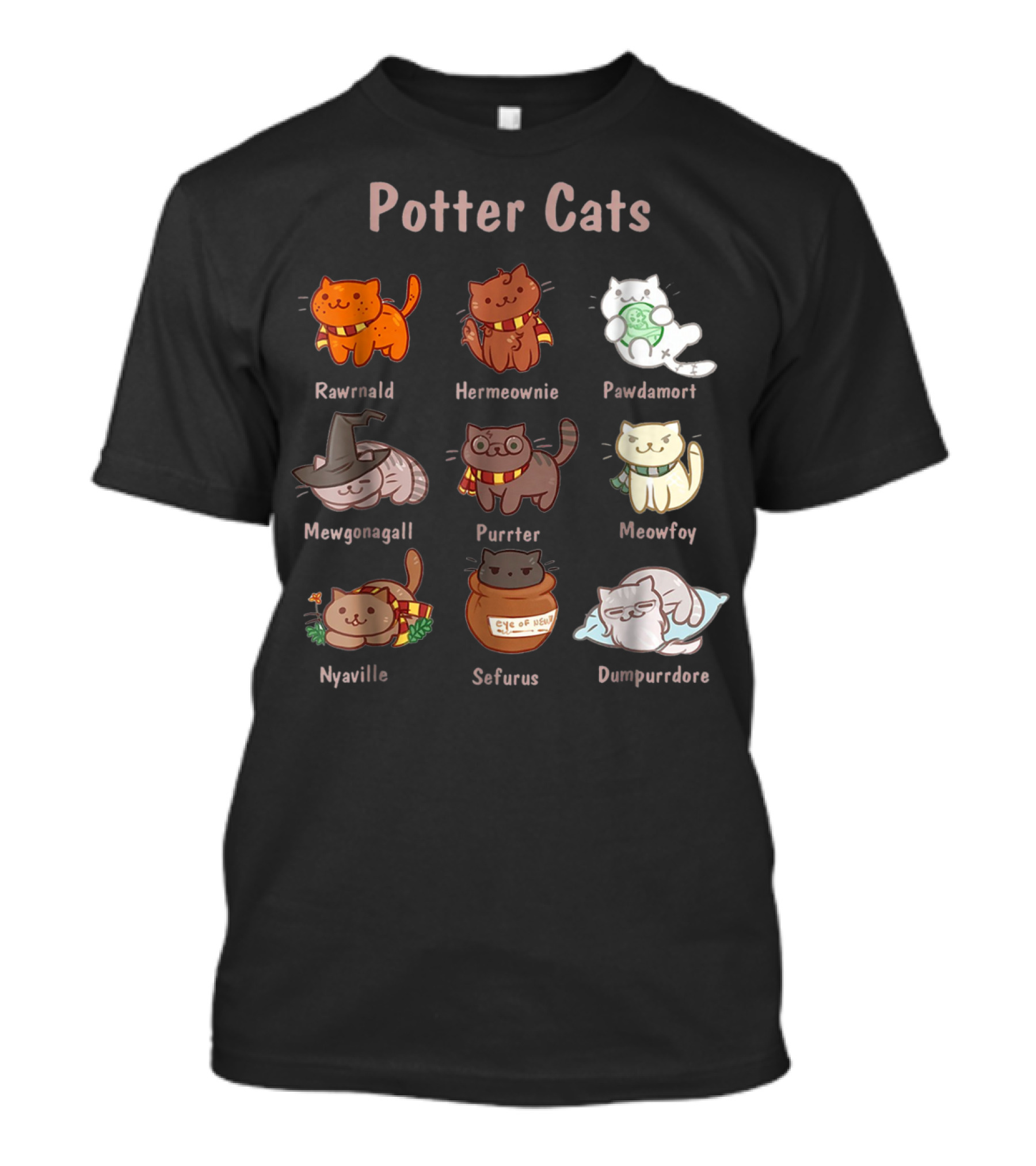 Potter Cats Rawrnald Hermeownie Pawdamort Mewgonagall Purrter Meowfoy Nyaville Sefurus Dumpurrdore Funny Cat Lovers T-Shirt