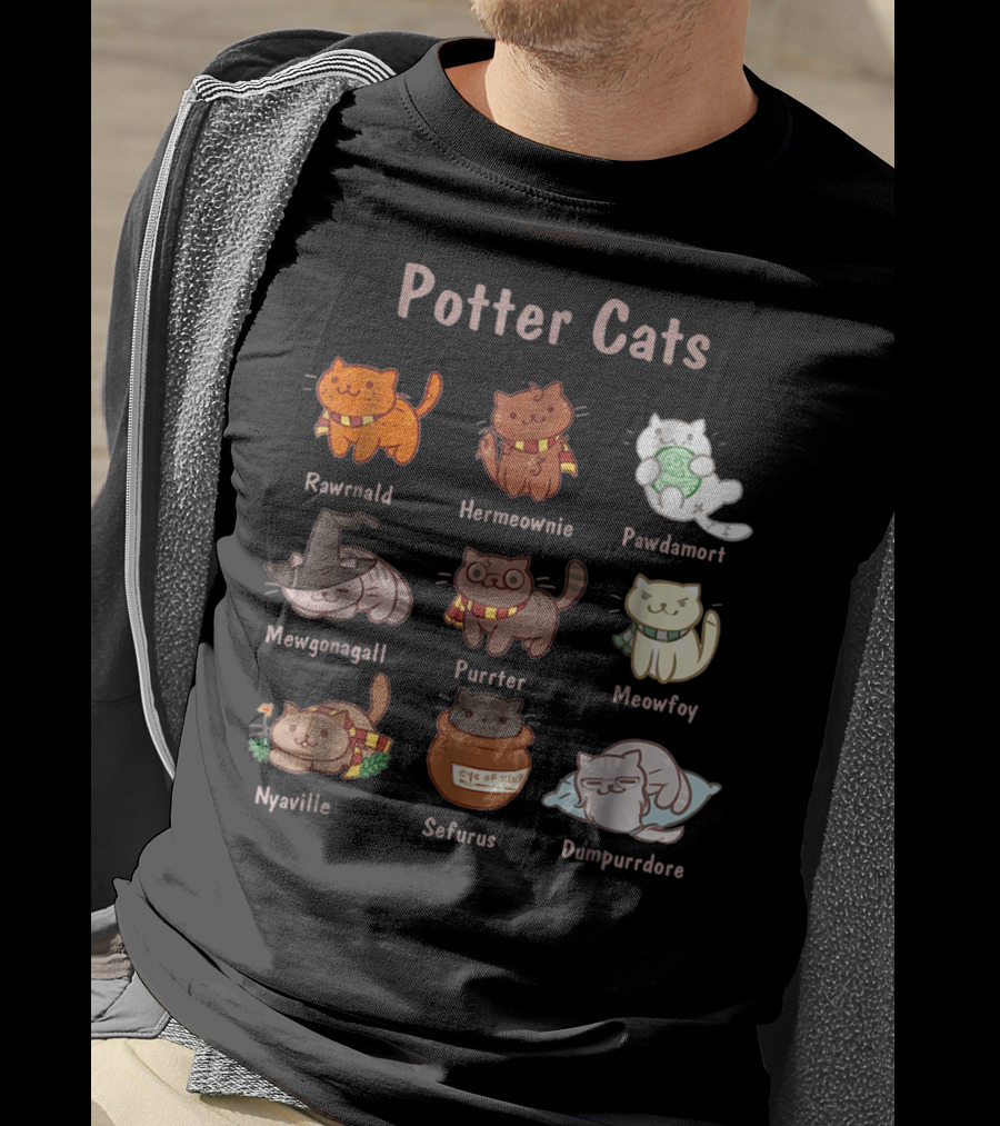 Potter Cats Rawrnald Hermeownie Pawdamort Mewgonagall Purrter Meowfoy Nyaville Sefurus Dumpurrdore Funny Cat Lovers T-Shirt