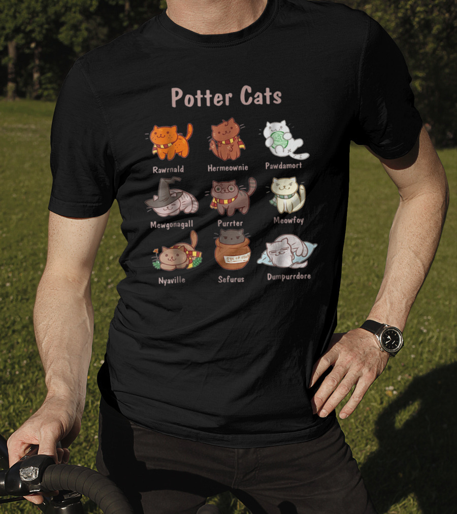 Potter Cats Rawrnald Hermeownie Pawdamort Mewgonagall Purrter Meowfoy Nyaville Sefurus Dumpurrdore Funny Cat Lovers T-Shirt