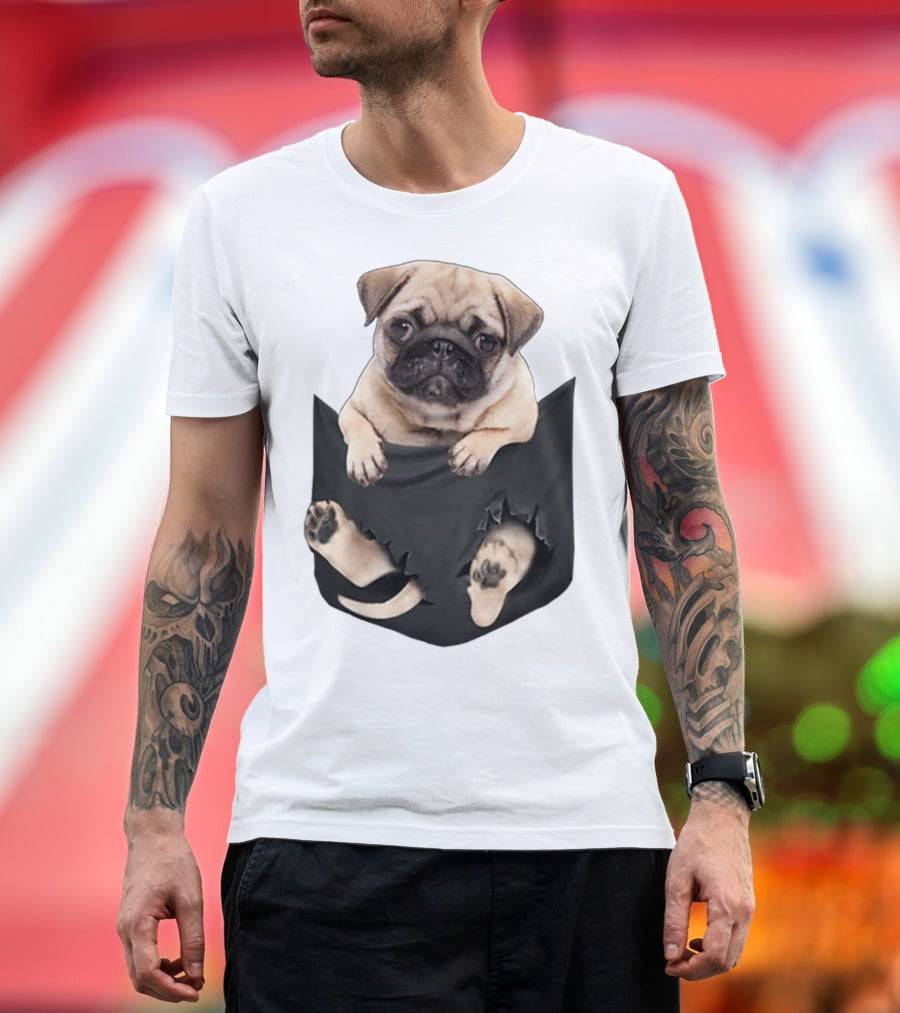 Pug Peeking Out Of Pocket With Paws Poking Through T-Shirt