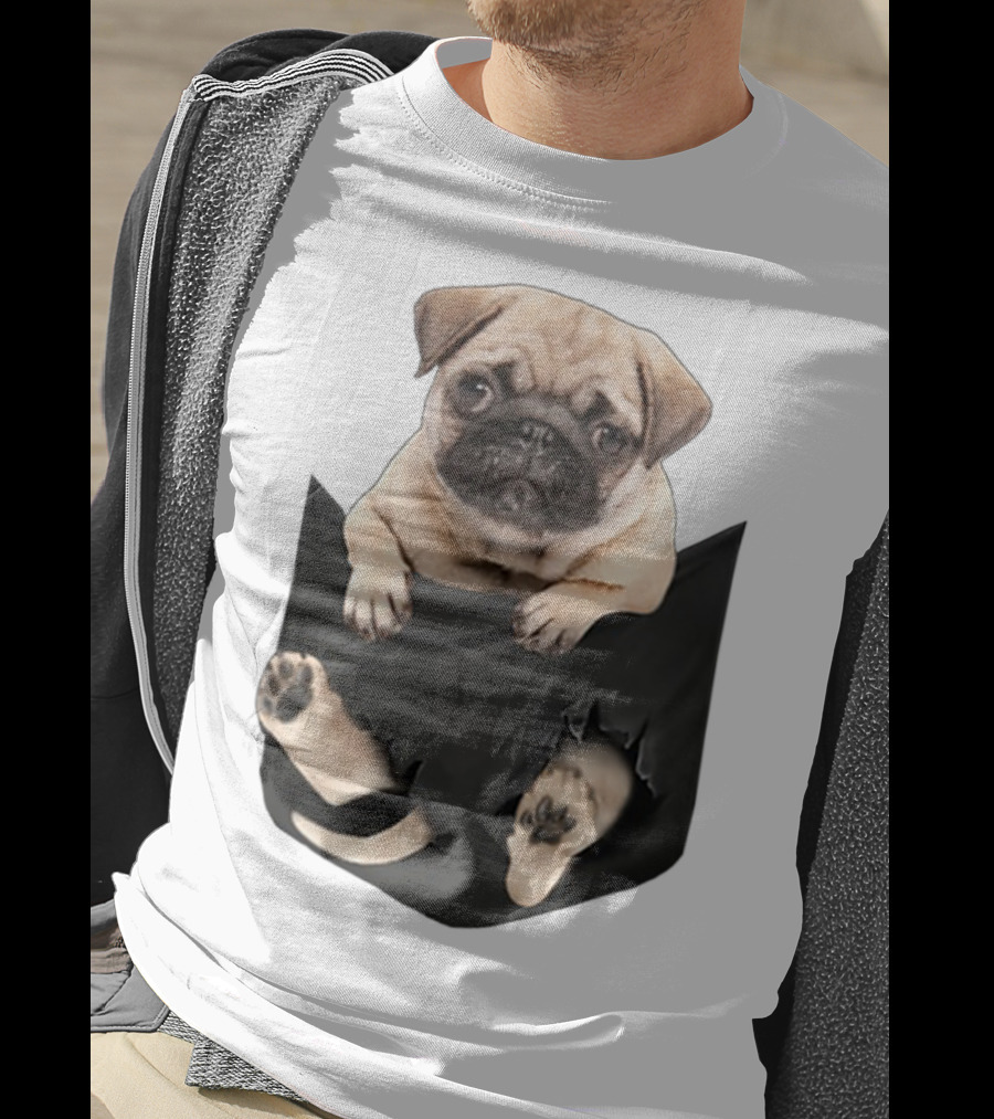 Pug Peeking Out Of Pocket With Paws Poking Through T-Shirt