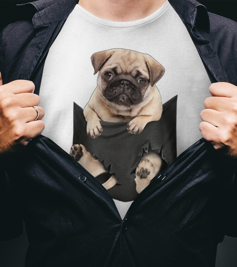 Pug Peeking Out Of Pocket With Paws Poking Through T-Shirt