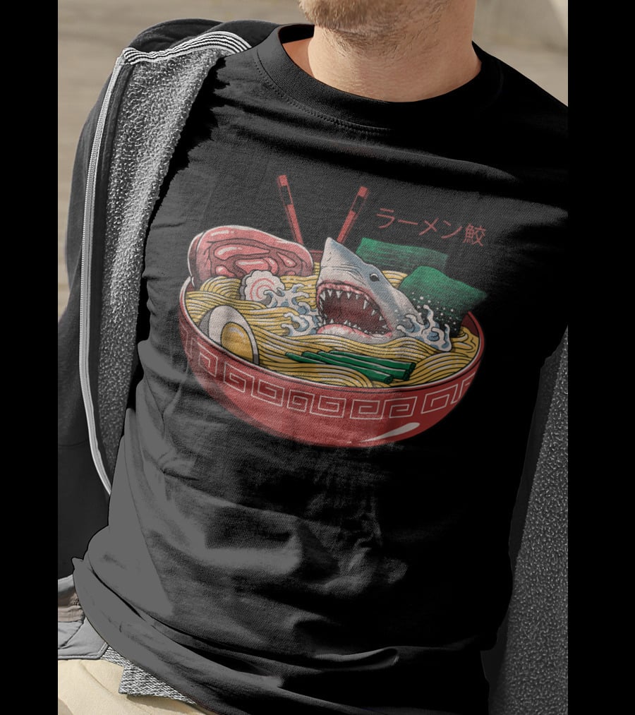 Ramen Shark Noodle Bowl Kaiju Monster Comic T-Shirt