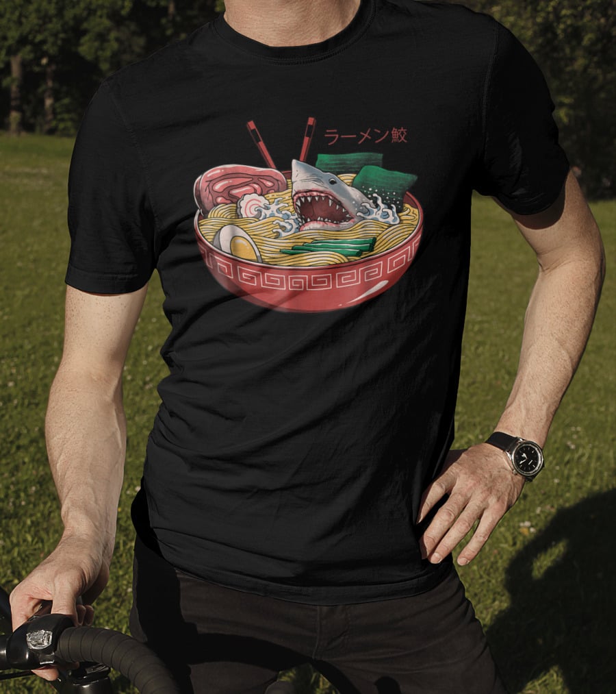 Ramen Shark Noodle Bowl Kaiju Monster Comic T-Shirt