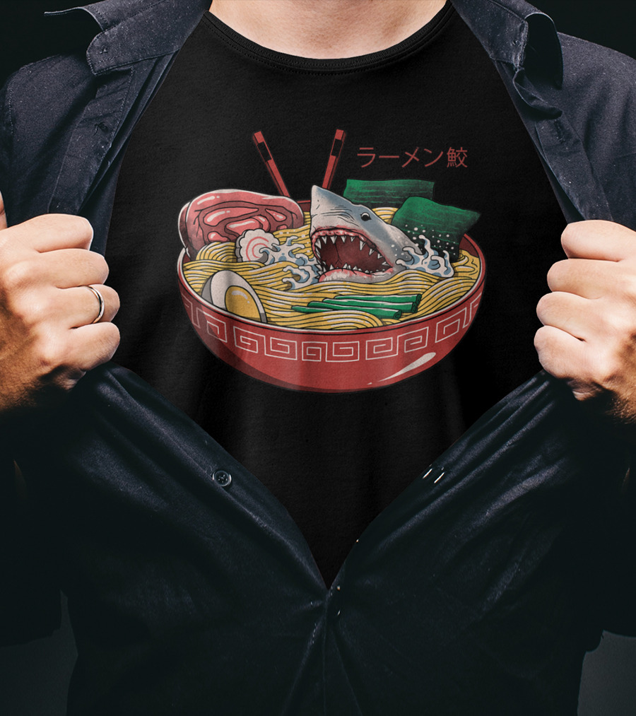 Ramen Shark Noodle Bowl Kaiju Monster Comic T-Shirt