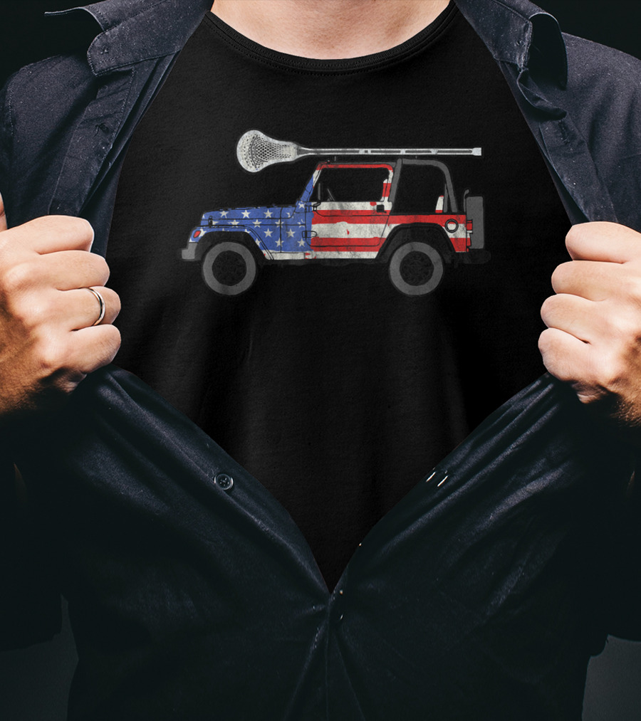 Retro USA Flag Lacrosse SUV Off Road Vehicle Lax T-Shirt