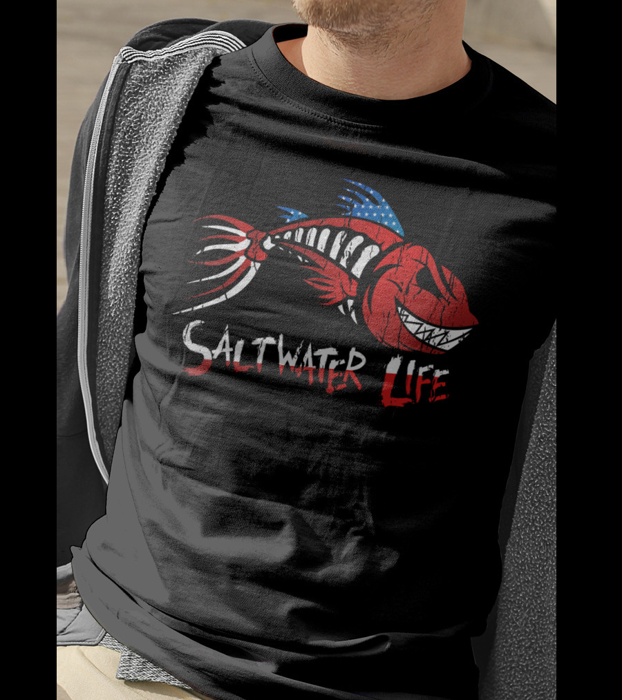 Saltwater Life American Flag Fish Skeleton T-Shirt